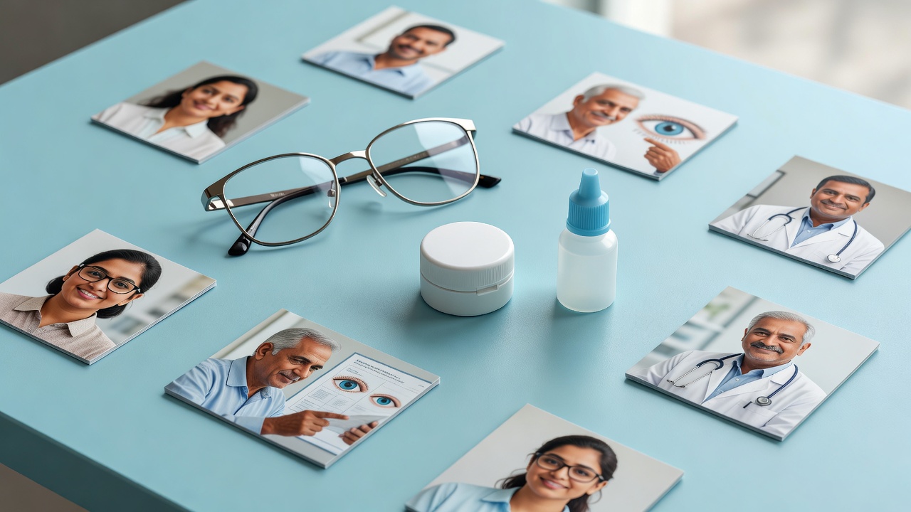Eye-care essentials — glasses, contact lens case and eye drops