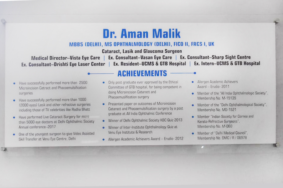 Wall plaque with Dr. Aman Malik's credentials and achievements